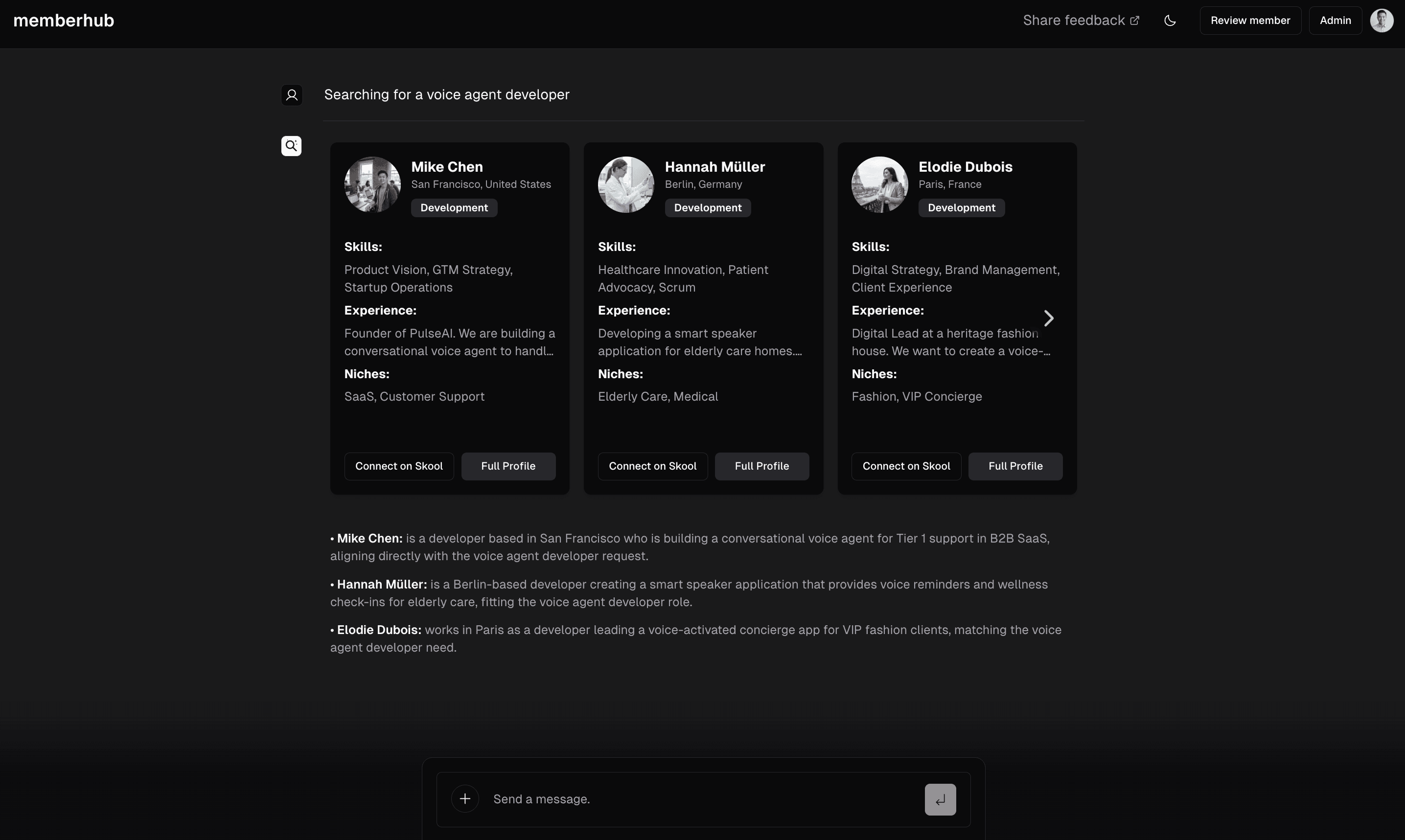 MemberHub search results, AI notes, and profile modal